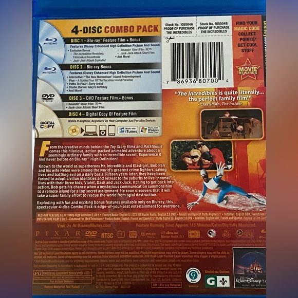 The Incredibles (2 Blu-Ray+DVD, 2011, 4-Disc Set, Includes Digital Copy)(Disney) - Picture 7 of 15